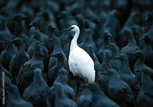 Fototapeta A flock of grey starlings standing in the middle, with one white crane bird among them