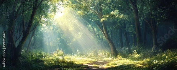 Fototapeta Sunlight streams through the dense canopy of a lush forest, illuminating the path ahead.