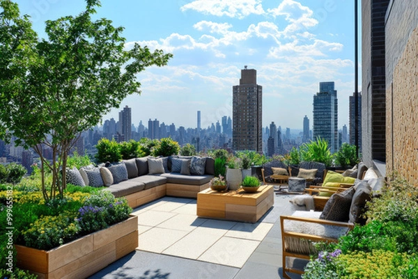 Fototapeta A rooftop garden in the heart of New York City, featuring sleek modern furniture and lush greenery, offers an urban escape with city skyline views