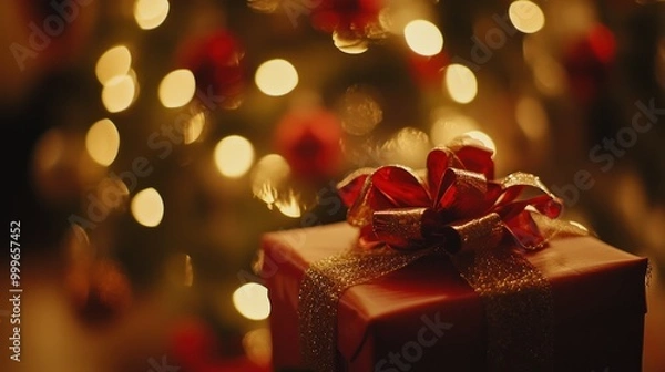 Fototapeta A beautifully wrapped gift with a shiny bow, set against a blurred festive background.