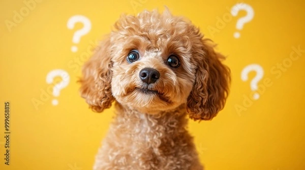 Fototapeta Inquisitive Tiny Brown Dog Surrounded by Question Marks on Bright Yellow Background