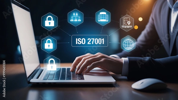 Fototapeta ISO 27001, Information security ISO certification, ISO 27001 certified business, Information security management system. International Organization for Standardization.