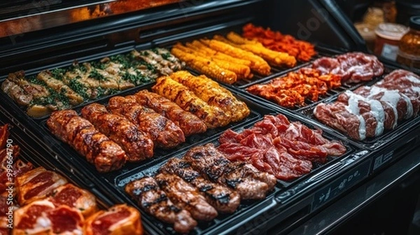 Fototapeta A vibrant display of various meats and grilled items arranged for selection.