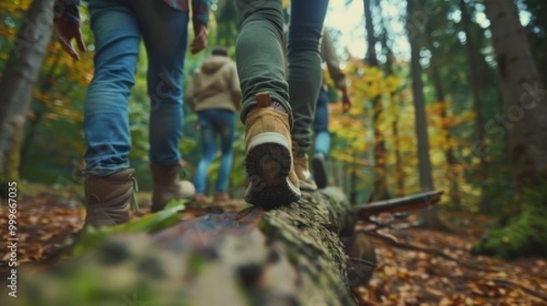 Fototapeta A pair of friends or companions hiking through the forest, using a fallen tree as a makeshift path