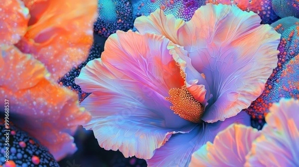 Fototapeta A vibrant display of colorful flowers blooming in a surreal, dreamlike garden at twilight