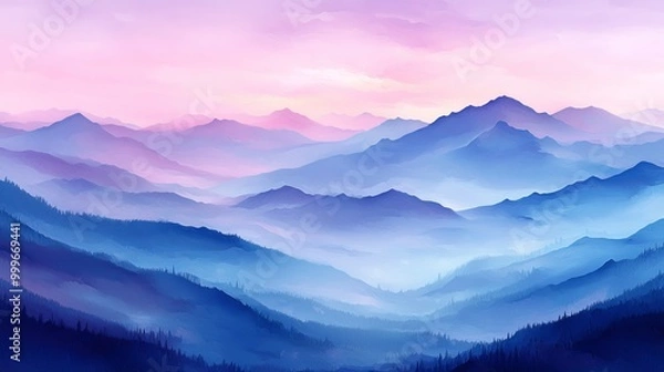 Fototapeta Serene Mountain Ranges at Sunrise with Pastel Sky and Misty Hills