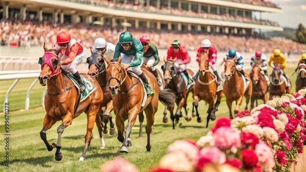 Fototapeta Spring Racing Carnival, horses galloping on the lush green track, background of spectator stands full of cheering people,
