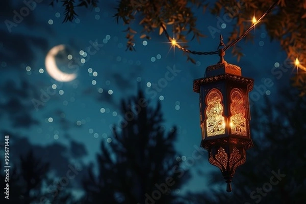 Fototapeta Holy month of Ramadan concept. Burning, lighting, glowing Ramadan Lantern on white table on the background of a dark blue textured wall. Greetings card. Place for text on the left.
