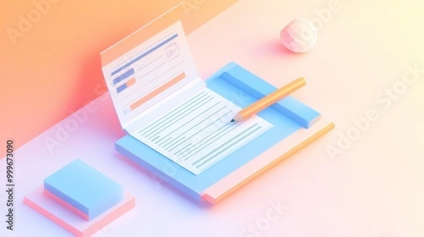 Fototapeta A stylized workspace with a document, pen, and geometric shapes.