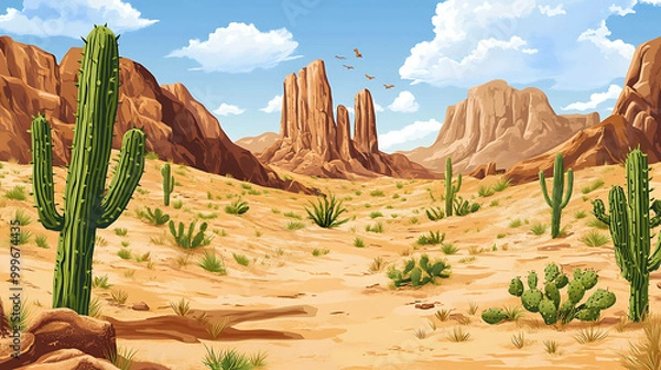 Fototapeta A beautiful desert landscape with tall cacti, red rock formations, and a blue sky.