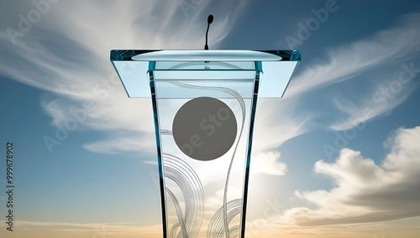 Fototapeta Front view of a transparent podium with abstract content and a vacant area against a background of blue clouds and sky