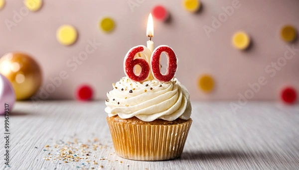 Obraz Birthday cupcake with burning lit candle with number 60. Number sixty for sixty years or sixtieth anniversary.