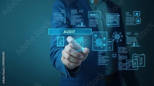Fototapeta Businessman pressing audit on futuristic interface