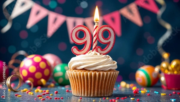Obraz Birthday cupcake with burning lit candle with number 99. Number ninety-nine for ninety-nine years or ninety-ninth anniversary.