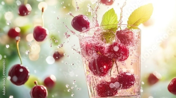 Fototapeta A refreshing drink with cherries and mint splashes in a glass, evoking summer vibes.