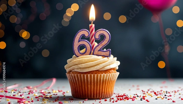 Obraz Birthday cupcake with burning lit candle with number 62. Number sixty-two for sixty-two years or sixty-second anniversary.