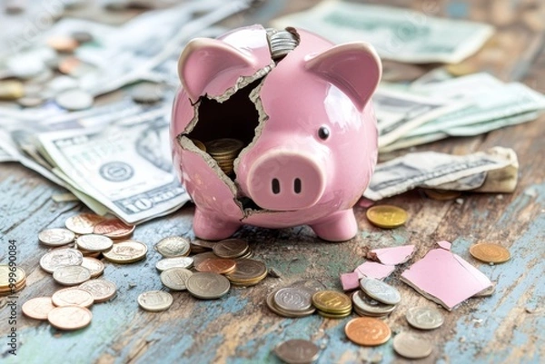 Fototapeta A broken piggy bank surrounded by scattered coins and bills, symbolizing financial insecurity and the impact of an economic crisis on savings