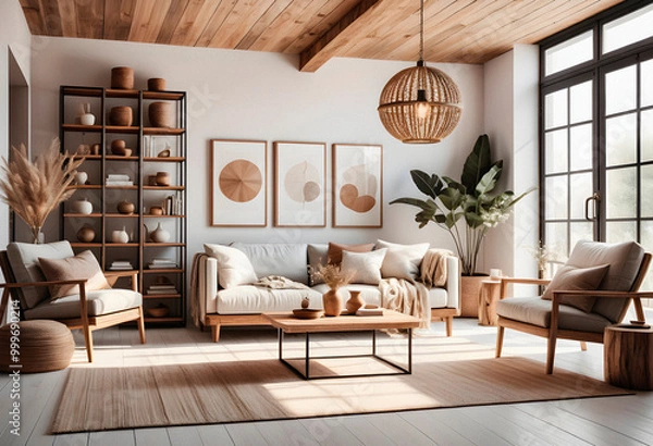 Obraz Living room interior in boho eco style with decorative elements and wonderful view