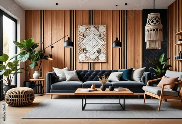 Obraz Living room interior in boho eco style with decorative elements and wonderful view