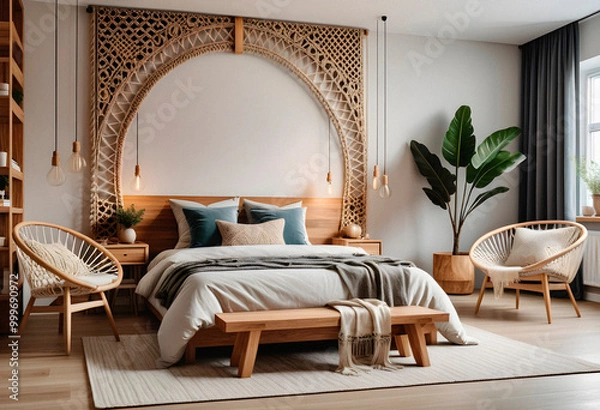 Obraz Bedroom interior in boho eco style with decorative elements