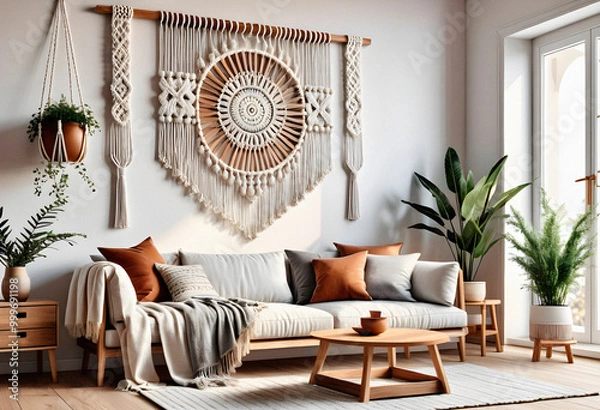 Obraz Living room interior in boho eco style with decorative elements and wonderful view
