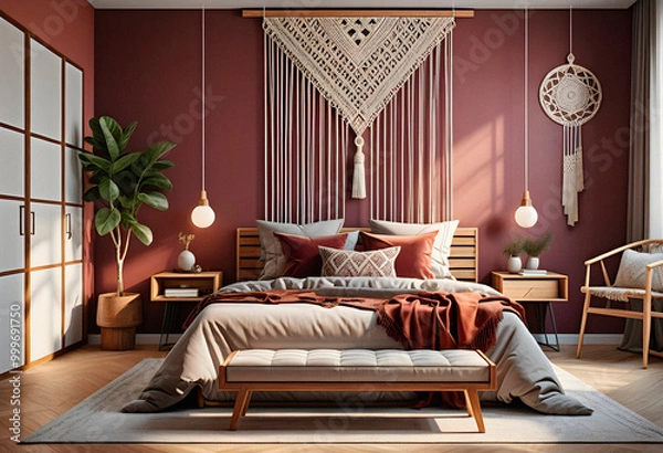 Obraz Bedroom interior in boho eco style with decorative elements