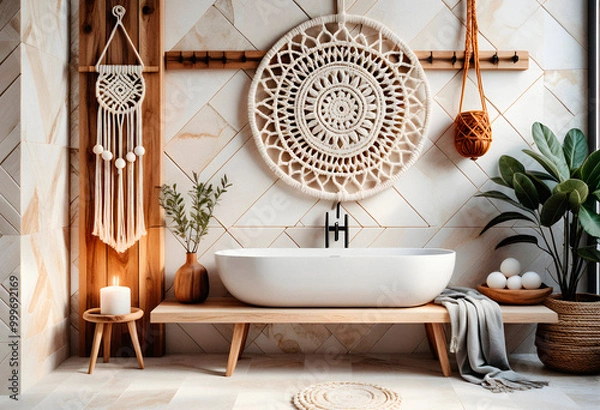 Obraz Bathroom interior in boho eco style with decorative elements