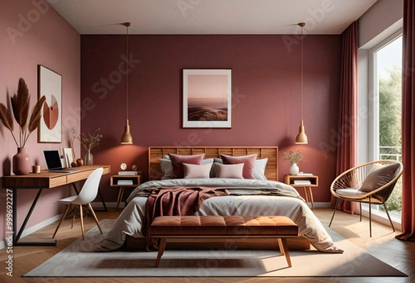 Obraz Bedroom interior in boho eco style with decorative elements