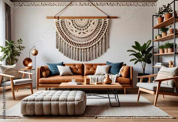 Obraz Living room interior in boho eco style with decorative elements and wonderful view