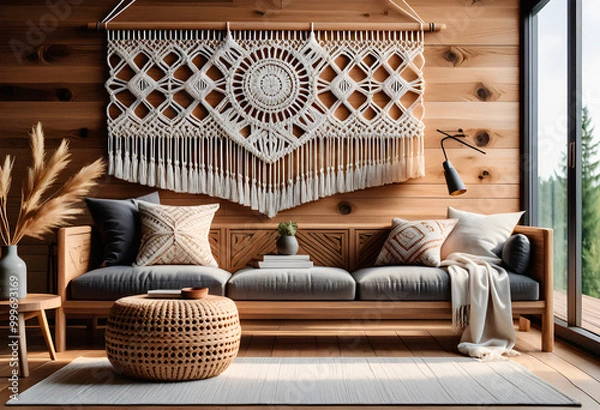Obraz Living room interior in boho eco style with decorative elements and wonderful view