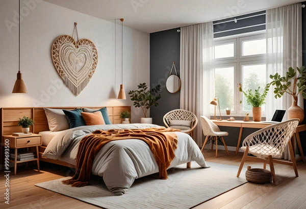 Obraz Bedroom interior in boho eco style with decorative elements
