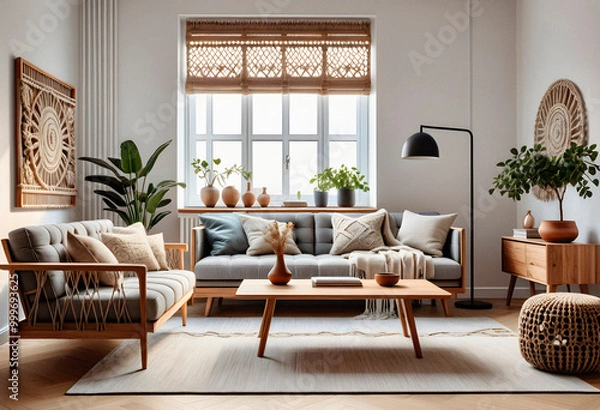 Obraz Living room interior in boho eco style with decorative elements and wonderful view