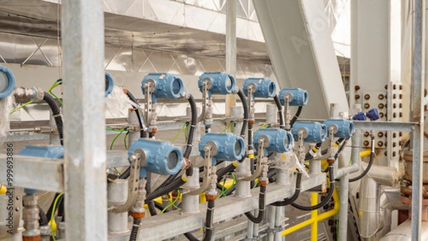 Obraz Industrial Equipment Close Up. Close-up of industrial sensors and equipment mounted on a metal platform, showcasing a network of pipes, wires, and cables connecting them. 