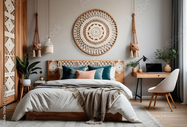 Obraz Bedroom interior in boho eco style with decorative elements