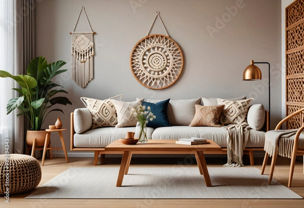 Obraz Living room interior in boho eco style with decorative elements and wonderful view