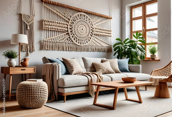 Obraz Living room interior in boho eco style with decorative elements and wonderful view