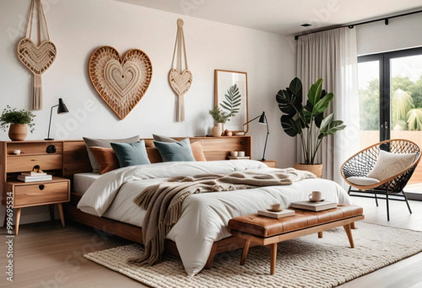 Obraz Bedroom interior in boho eco style with decorative elements