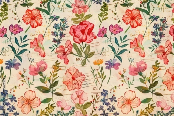 Fototapeta A beautiful floral pattern with various flowers and leaves on a white background, ideal for use in designs and artworks