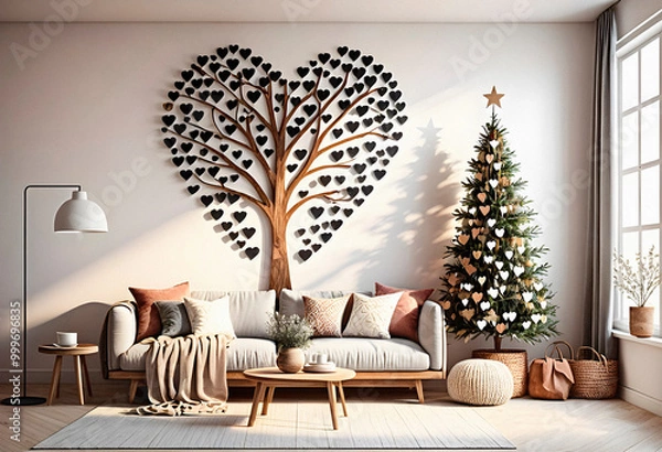 Obraz Modern living room interior with Christmas tree and sofa. 3D Rendering. AI generated