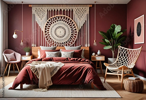 Obraz Bedroom interior in boho eco style with decorative elements