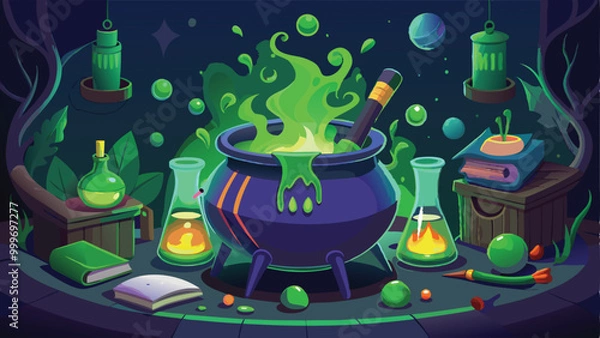 Fototapeta Print Halloween Cauldron with Bubbling Potions and Spooky Background Vector Illustration