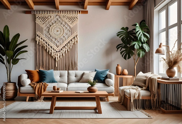 Obraz Living room interior in boho eco style with decorative elements and wonderful view