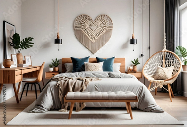Obraz Bedroom interior in boho eco style with decorative elements