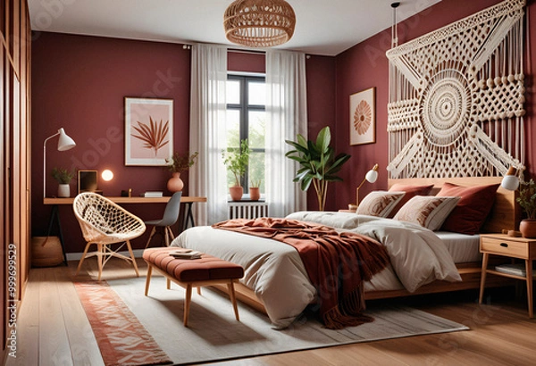 Obraz Bedroom interior in boho eco style with decorative elements