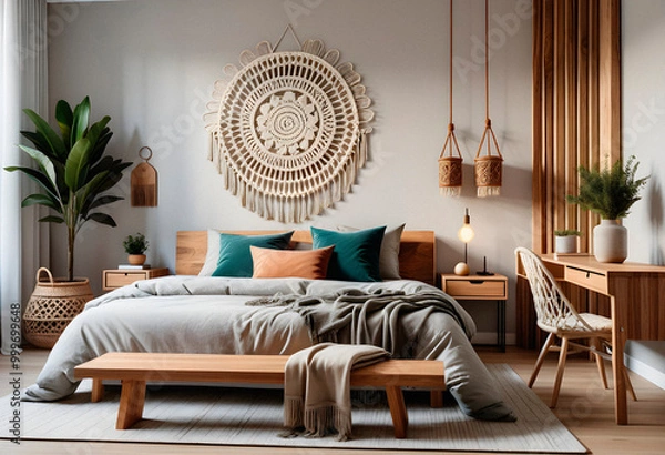 Obraz Bedroom interior in boho eco style with decorative elements