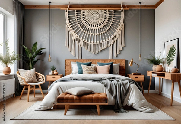 Obraz Bedroom interior in boho eco style with decorative elements