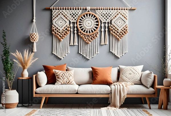 Obraz Living room interior in boho eco style with decorative elements and wonderful view