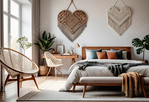 Obraz Bedroom interior in boho eco style with decorative elements