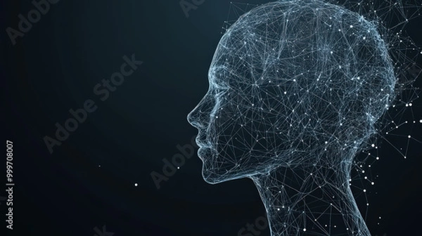 Fototapeta Polygonal futuristic mesh with human head model. Artificial intelligence, connection technology. Generative AI