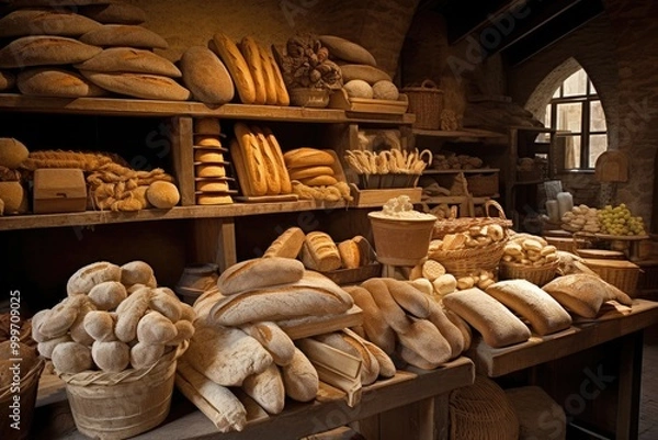 Fototapeta Bread Display: Capture the variety of bread on display, from rustic loaves to artisanal rolls, with a charming village market visible through the bakery entrance.